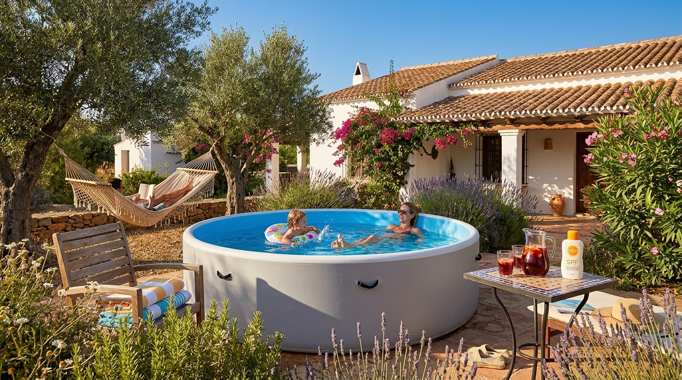 Piscina PoolUp! Gris Claro en jardín mediterráneo con olivos