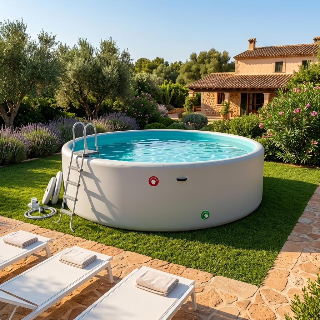 Familia disfrutando de su piscina portátil PoolUp! sin obra en terraza